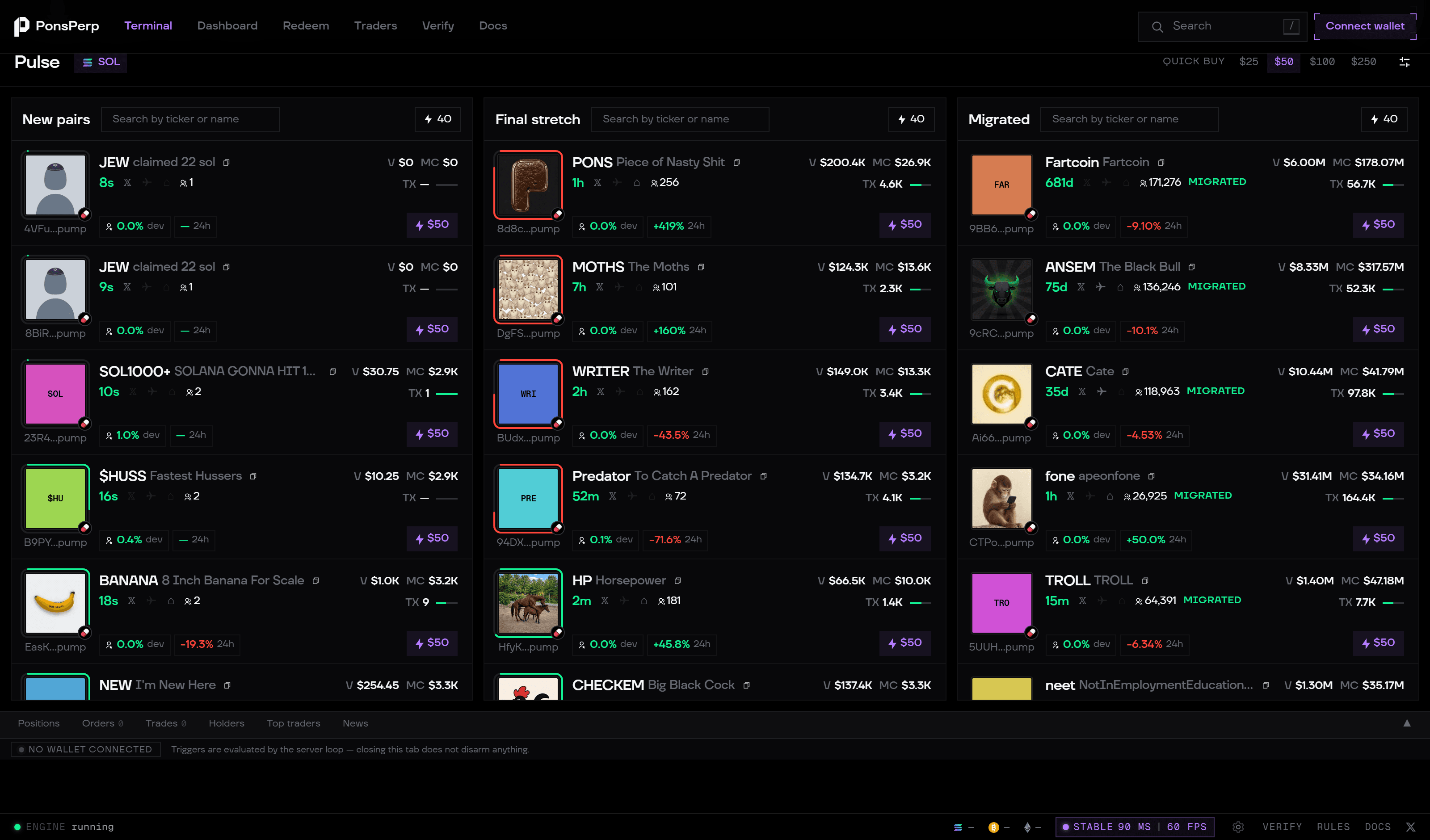 The terminal, Pulse view: pump.fun lifecycle in three columns, live from the indexer